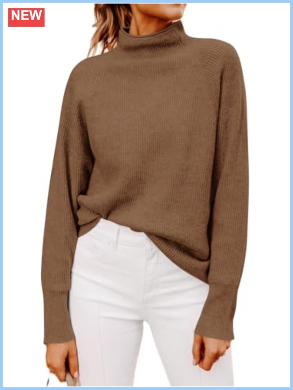 Womens Mock Neck Long Sleeve Ribbed Knit Pullover Sweater Polyester Spandex